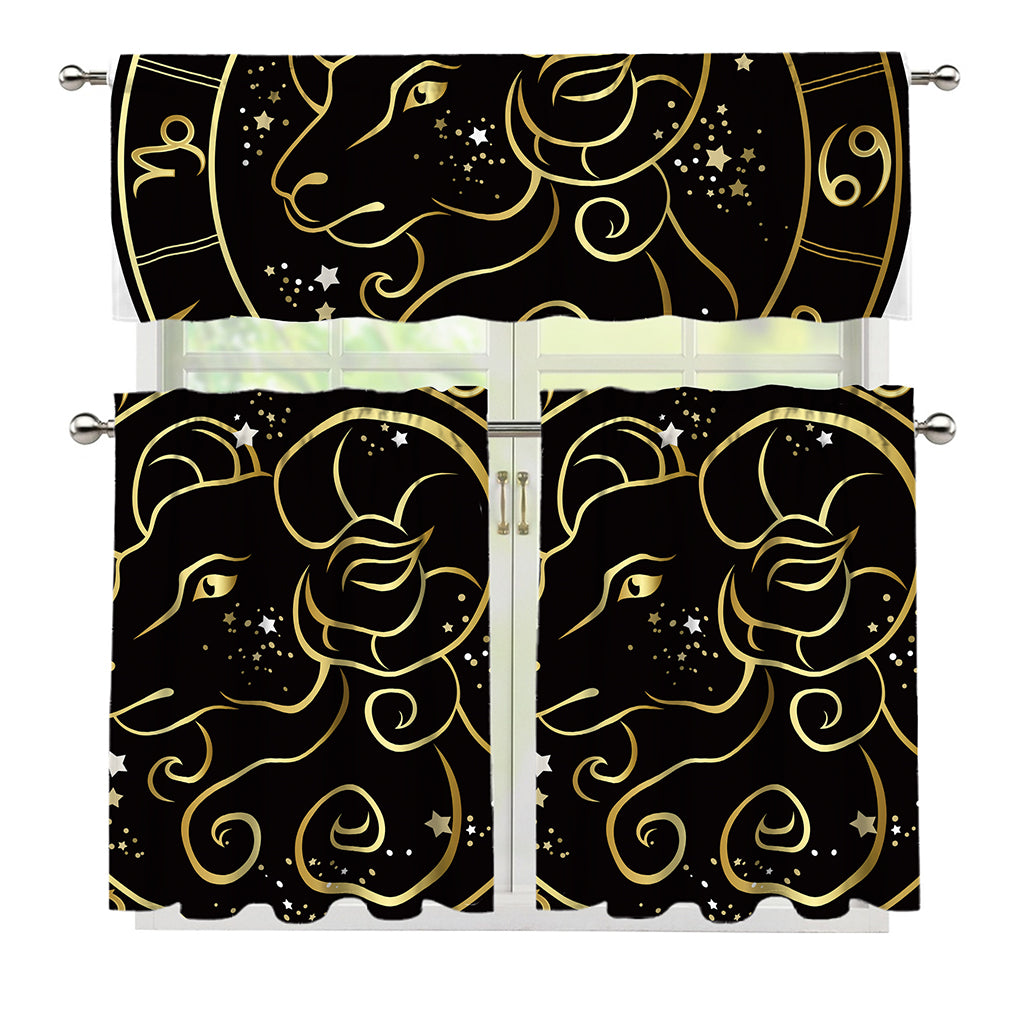 Gold And Black Aries Sign Print 3 Piece Kitchen Curtains
