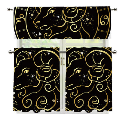 Gold And Black Aries Sign Print 3 Piece Kitchen Curtains