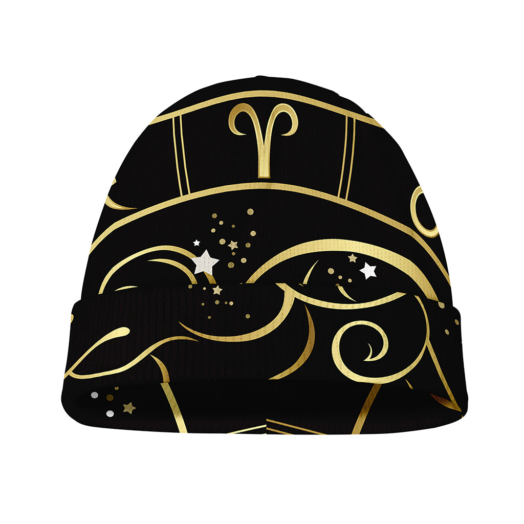 Gold And Black Aries Sign Print Beanie