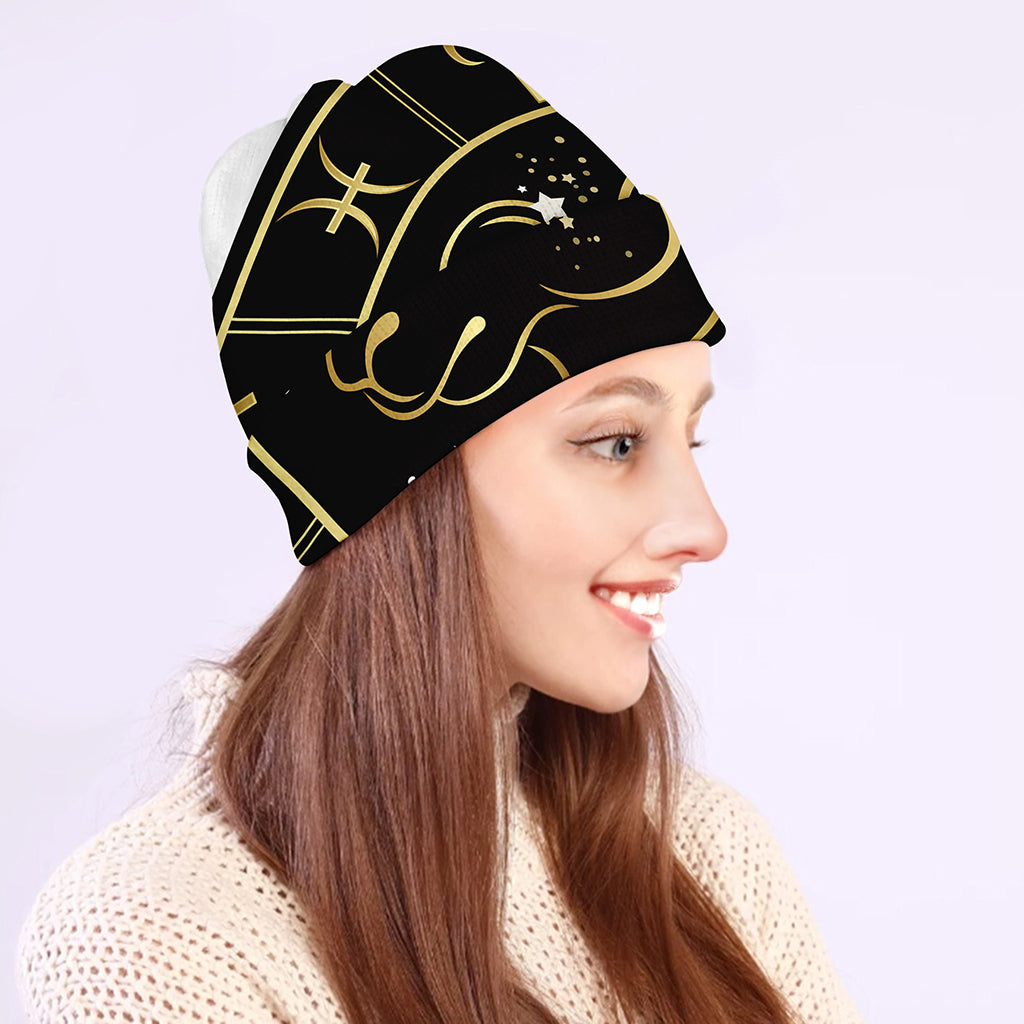 Gold And Black Aries Sign Print Beanie
