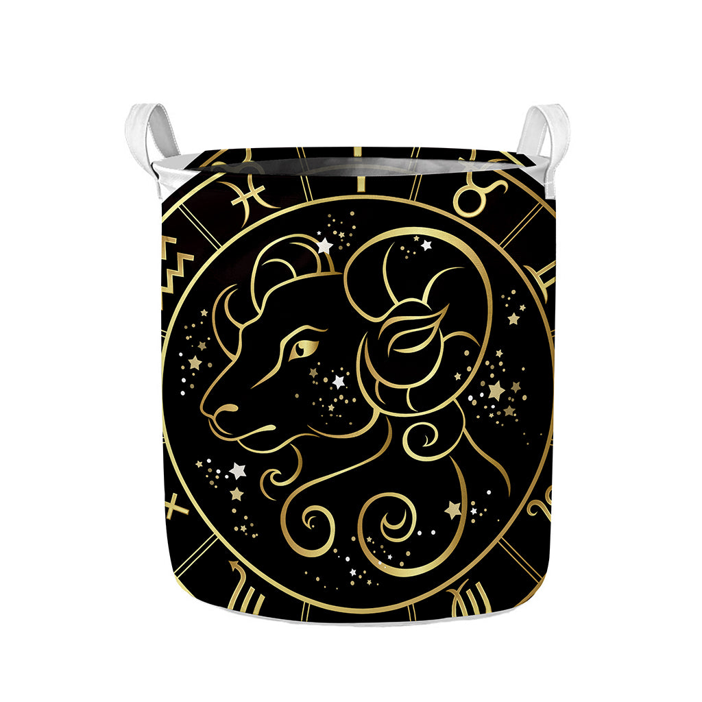 Gold And Black Aries Sign Print Collapsible Laundry Basket