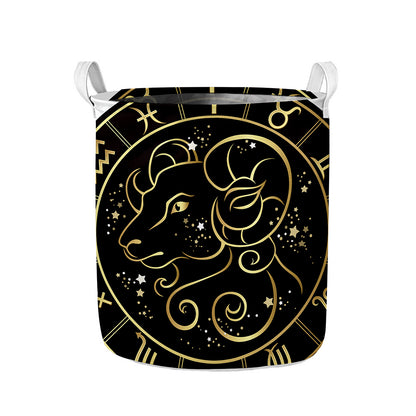 Gold And Black Aries Sign Print Collapsible Laundry Basket