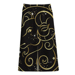 Gold And Black Aries Sign Print Cotton Front Slit Maxi Skirt