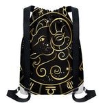 Gold And Black Aries Sign Print Drawstring Backpack