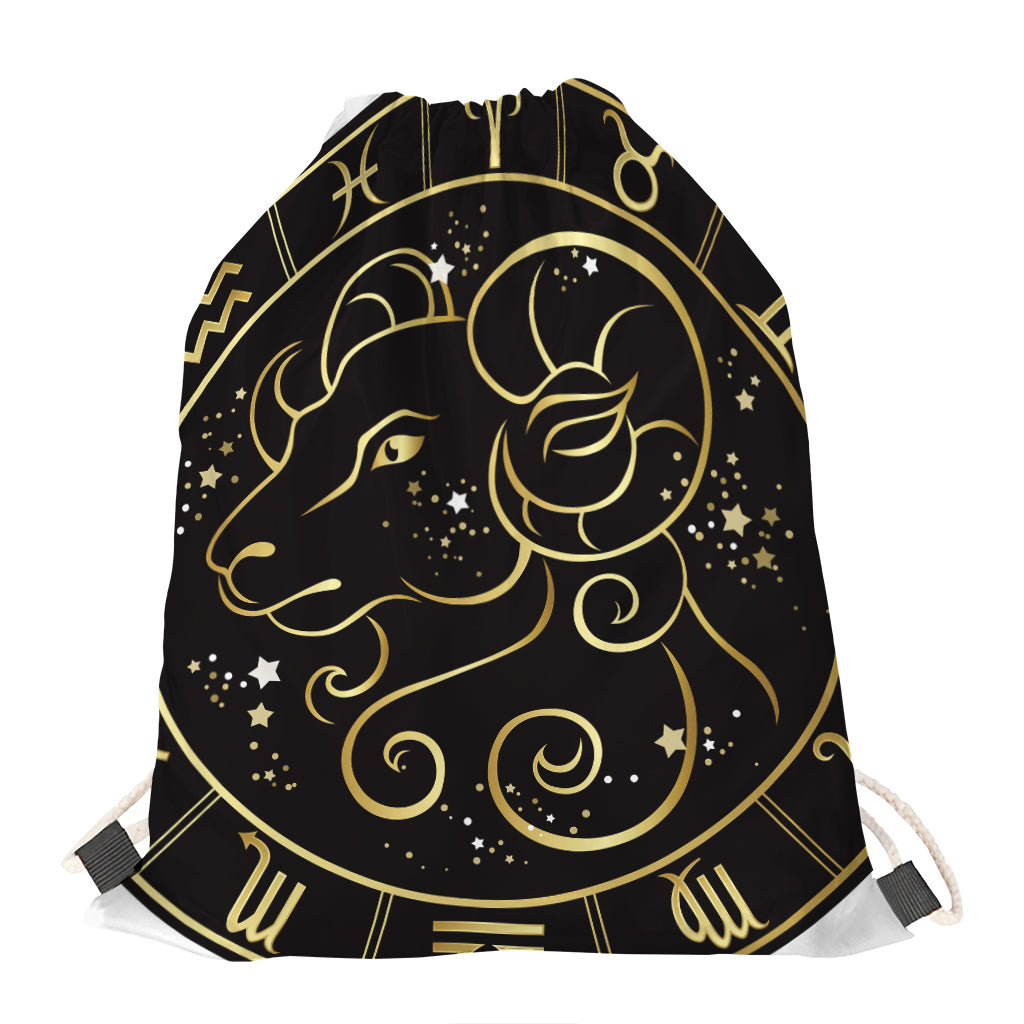 Gold And Black Aries Sign Print Drawstring Bag