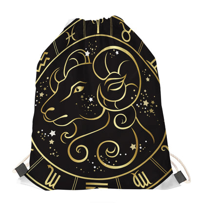 Gold And Black Aries Sign Print Drawstring Bag