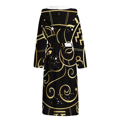 Gold And Black Aries Sign Print Hooded Bathrobe