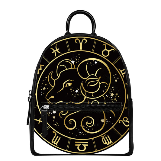 Gold And Black Aries Sign Print Leather Backpack