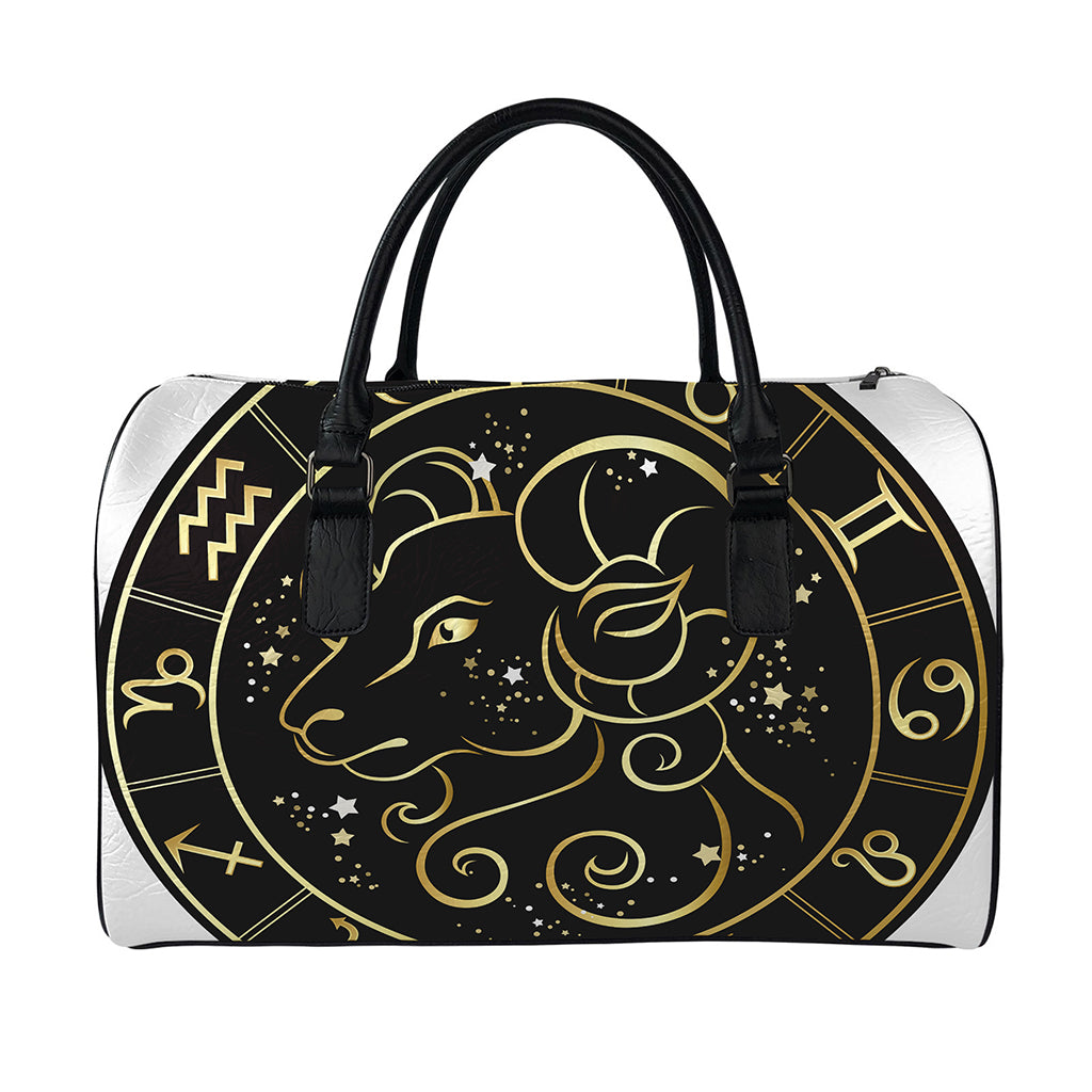Gold And Black Aries Sign Print Leather Duffle Bag