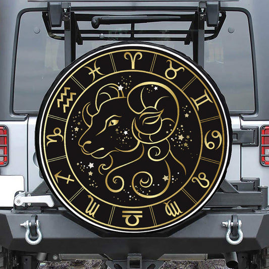 Gold And Black Aries Sign Print Leather Spare Tire Cover