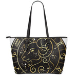 Gold And Black Aries Sign Print Leather Tote Bag