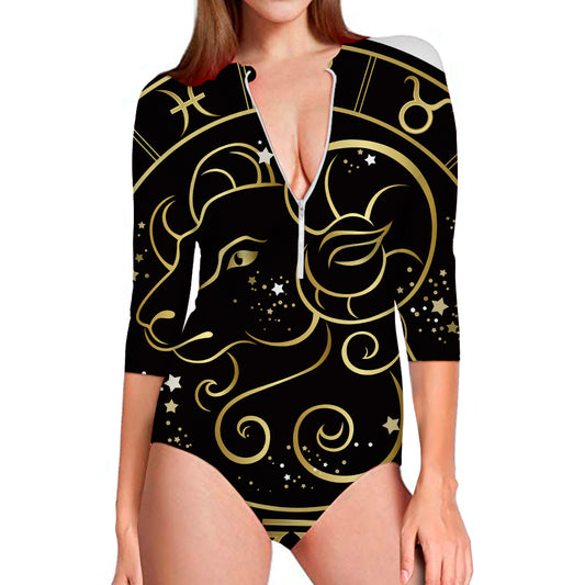 Gold And Black Aries Sign Print Long Sleeve Swimsuit