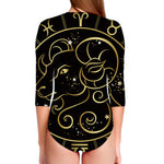 Gold And Black Aries Sign Print Long Sleeve Swimsuit