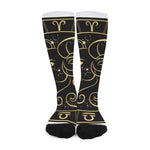 Gold And Black Aries Sign Print Long Socks