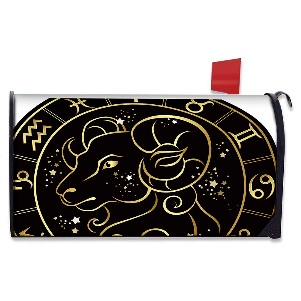 Gold And Black Aries Sign Print Mailbox Cover