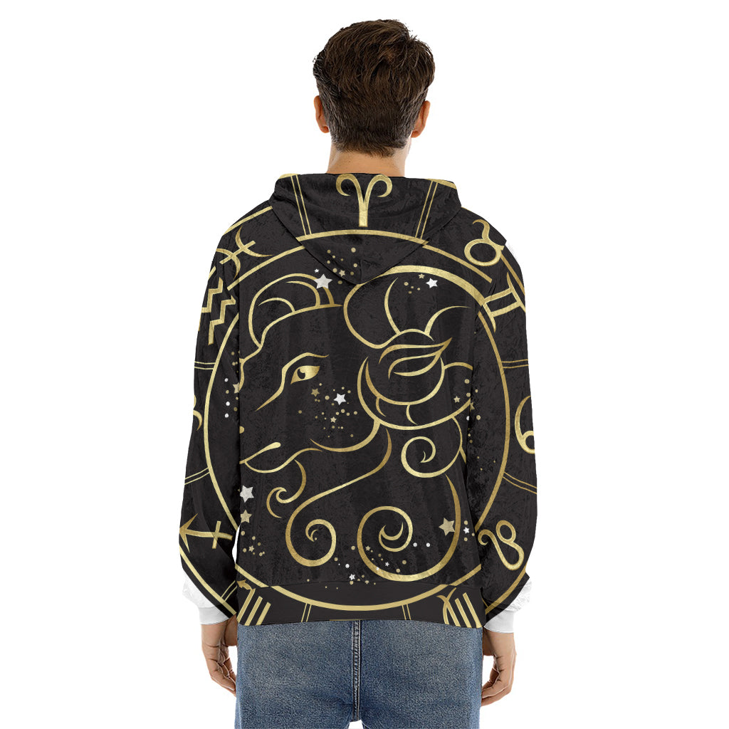 Gold And Black Aries Sign Print Men's Velvet Pullover Hoodie
