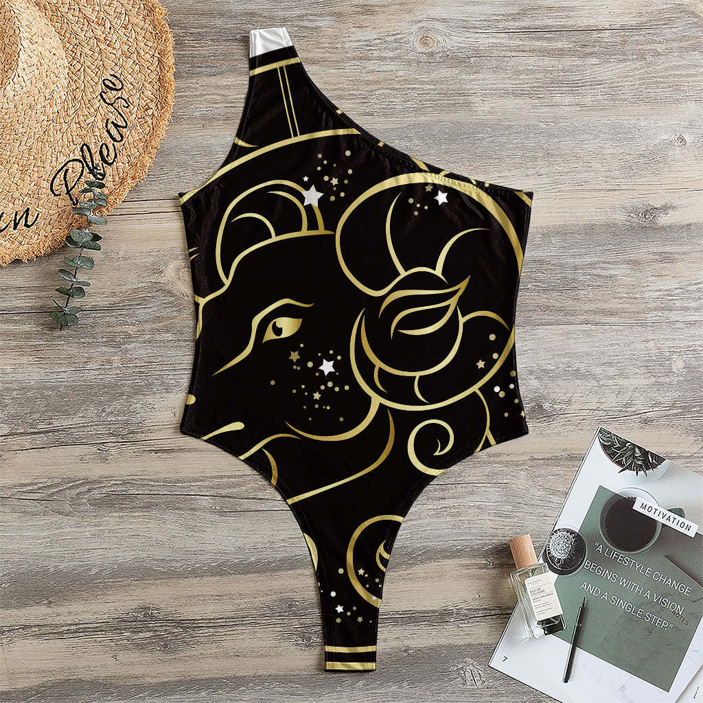 Gold And Black Aries Sign Print One Shoulder Bodysuit