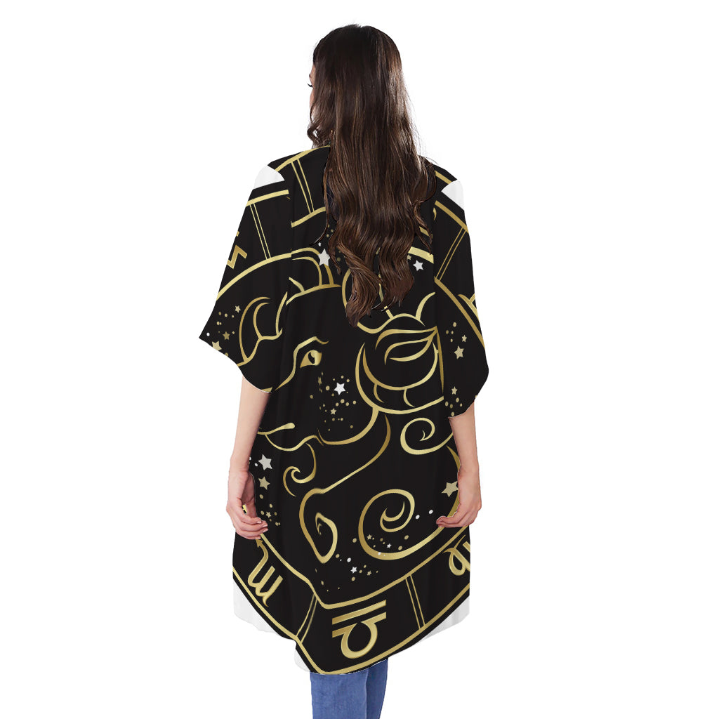 Gold And Black Aries Sign Print Open Front Beach Cover Up