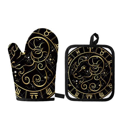 Gold And Black Aries Sign Print Oven Mitt And Pot Holder Set