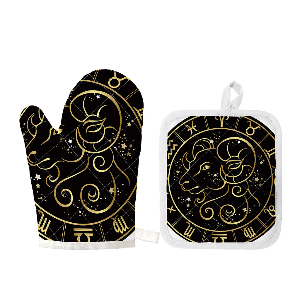 Gold And Black Aries Sign Print Oven Mitt And Pot Holder Set