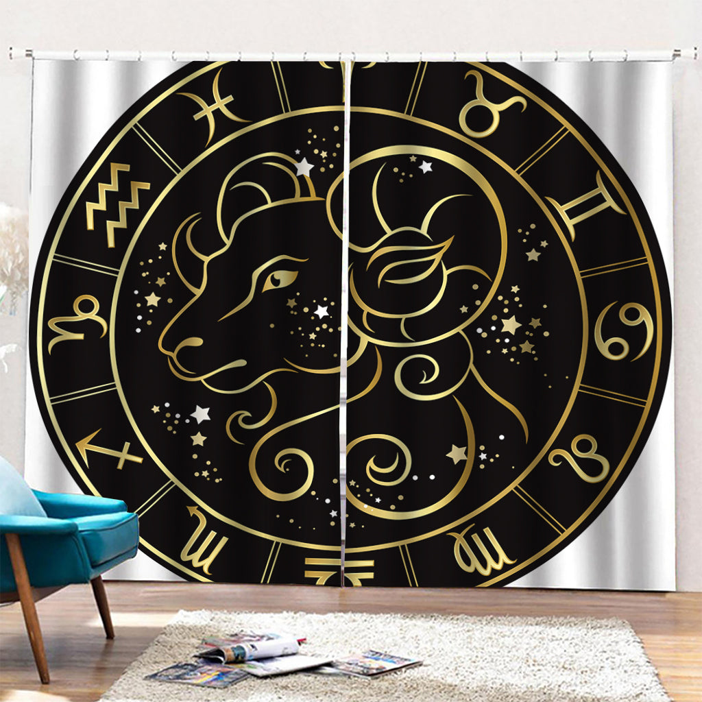 Gold And Black Aries Sign Print Pencil Pleat Curtains