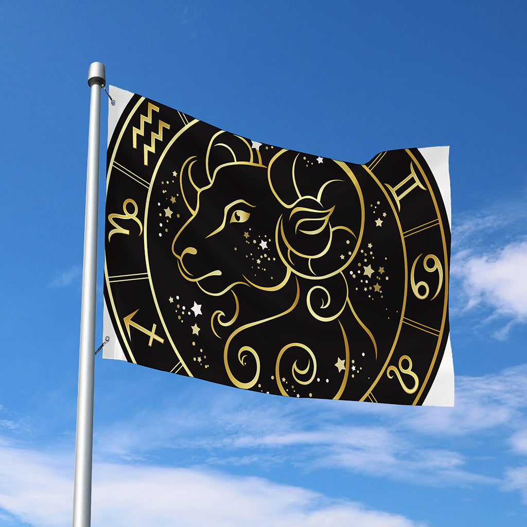 Gold And Black Aries Sign Print Polyester Flag