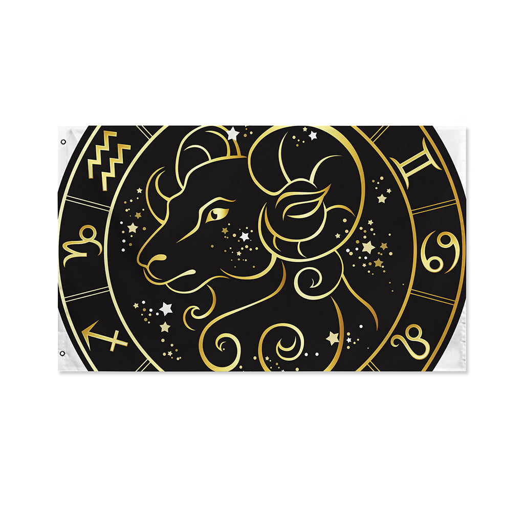 Gold And Black Aries Sign Print Polyester Flag