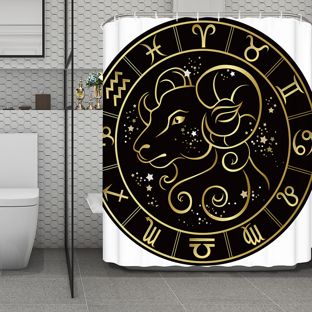 Gold And Black Aries Sign Print Polyester Shower Curtain