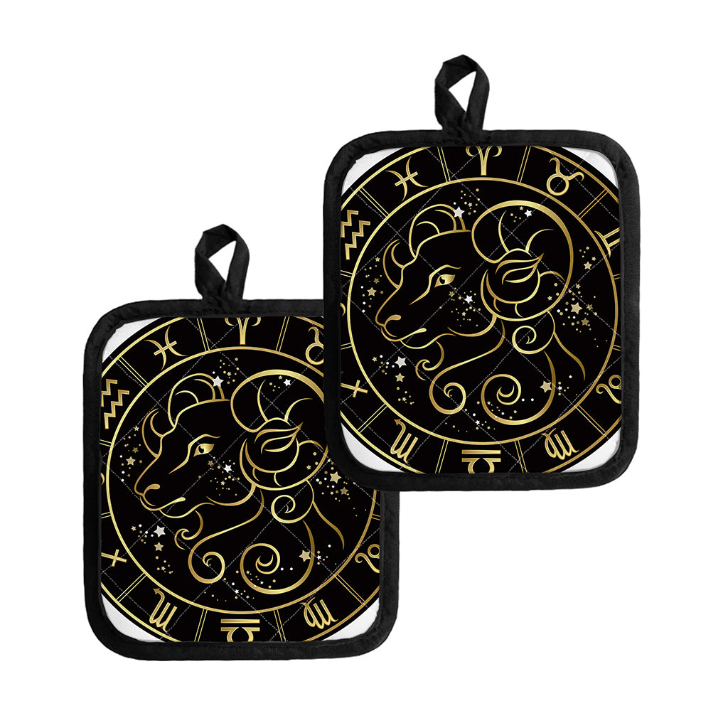 Gold And Black Aries Sign Print Pot Holders