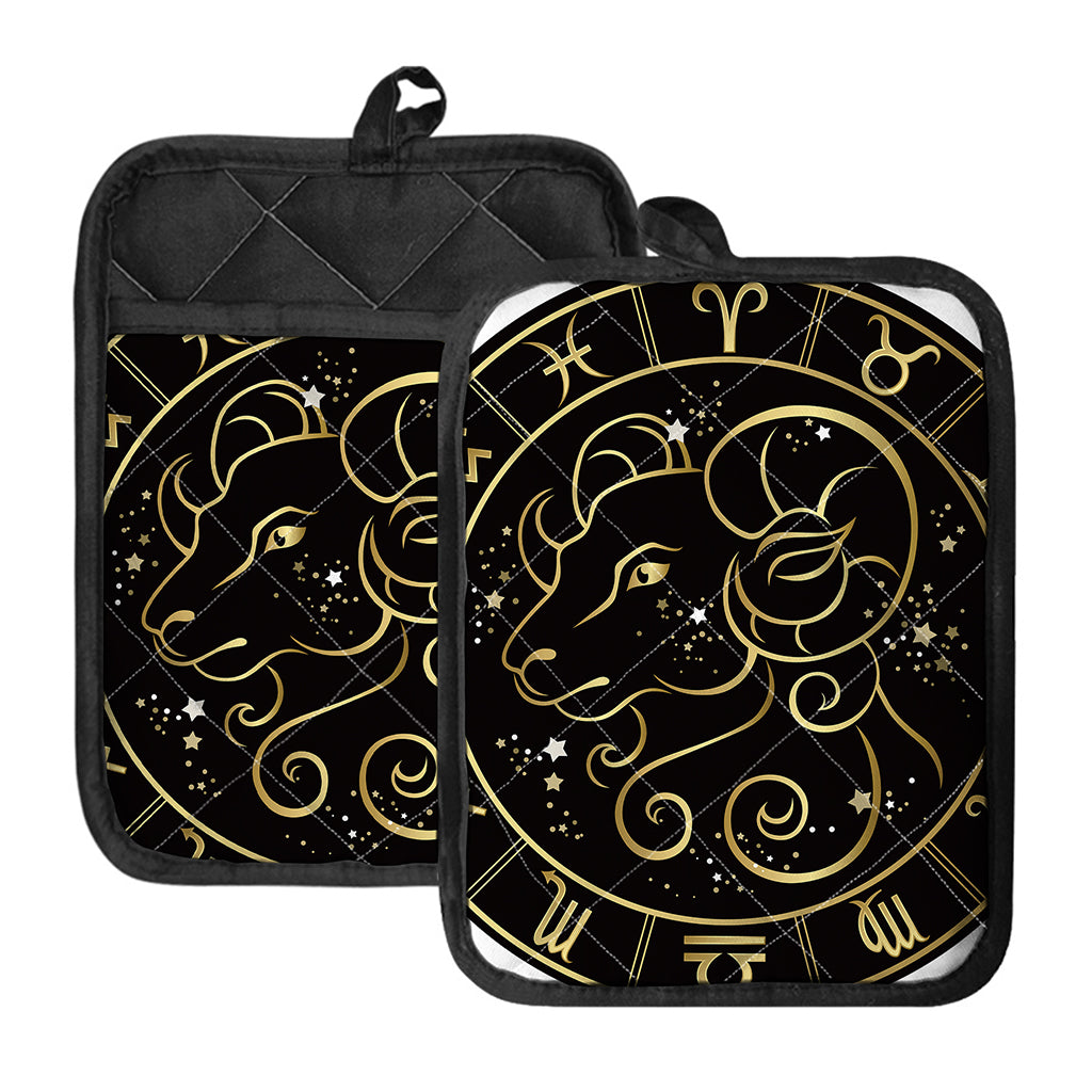 Gold And Black Aries Sign Print Pot Holders With Pocket