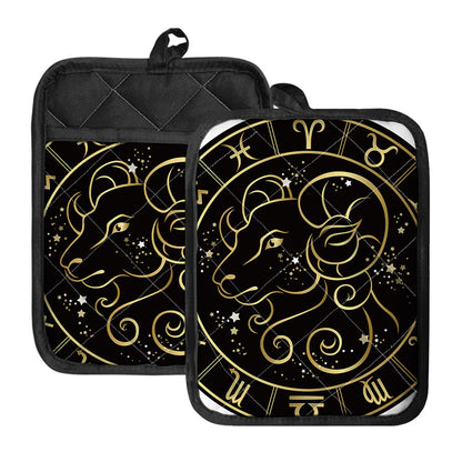 Gold And Black Aries Sign Print Pot Holders With Pocket