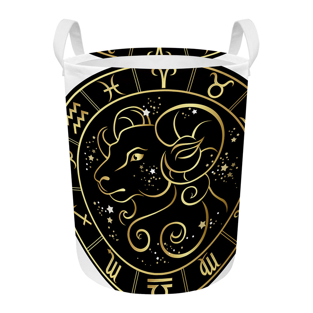 Gold And Black Aries Sign Print Round Laundry Basket