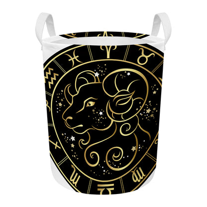 Gold And Black Aries Sign Print Round Laundry Basket