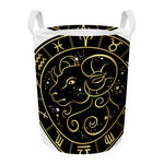 Gold And Black Aries Sign Print Round Laundry Basket