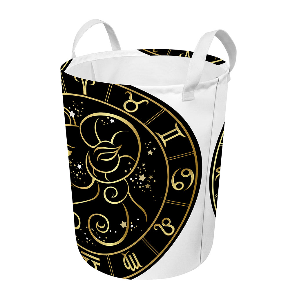 Gold And Black Aries Sign Print Round Laundry Basket