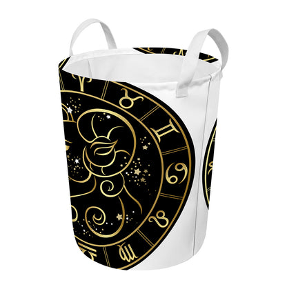 Gold And Black Aries Sign Print Round Laundry Basket