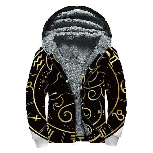 Gold And Black Aries Sign Print Sherpa Lined Zip Up Hoodie