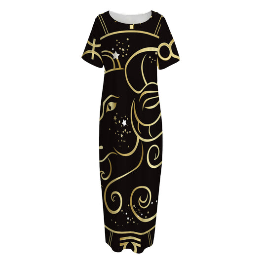 Gold And Black Aries Sign Print Short Sleeve Long Nightdress
