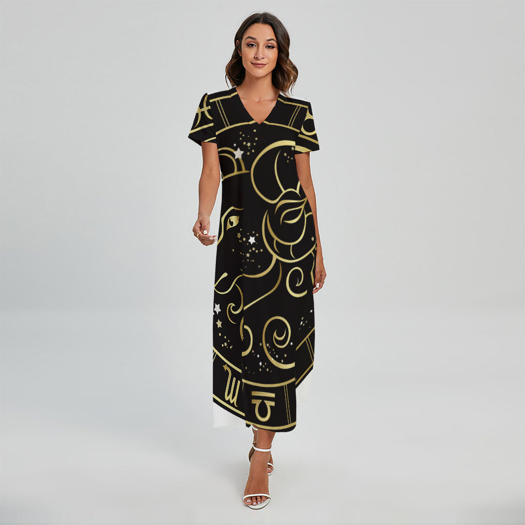 Gold And Black Aries Sign Print Short Sleeve Maxi Dress