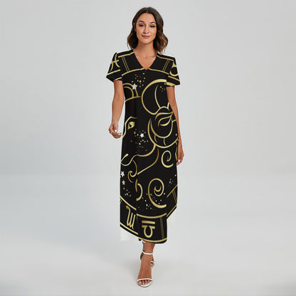 Gold And Black Aries Sign Print Short Sleeve Maxi Dress