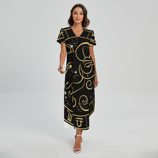 Gold And Black Aries Sign Print Short Sleeve Maxi Dress