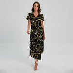 Gold And Black Aries Sign Print Short Sleeve Maxi Dress