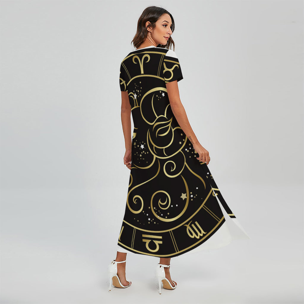 Gold And Black Aries Sign Print Short Sleeve Maxi Dress