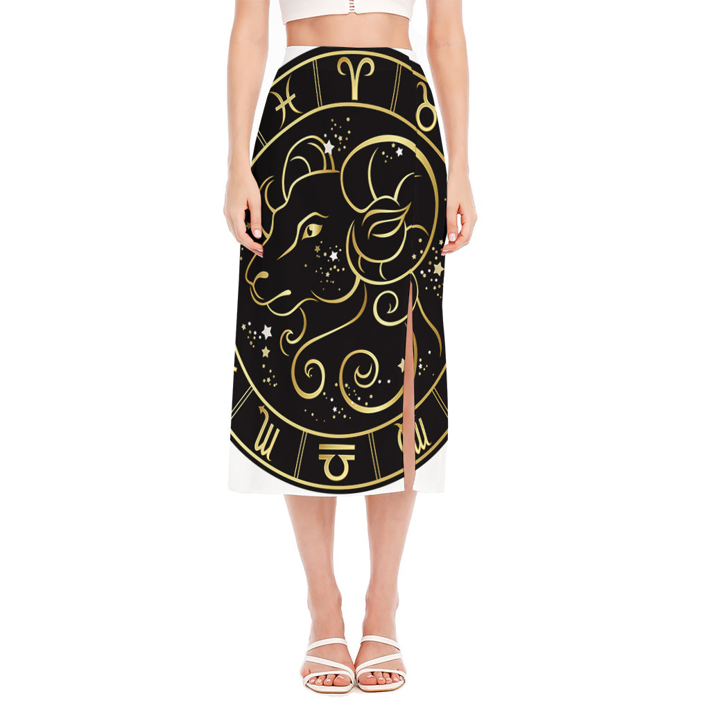 Gold And Black Aries Sign Print Side Slit Midi Skirt
