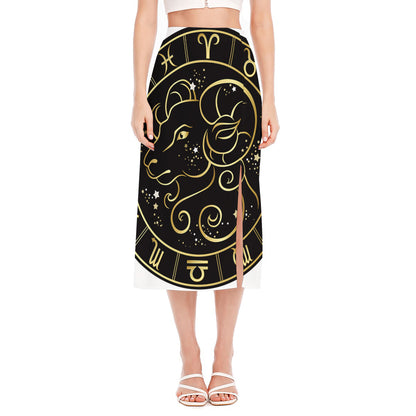 Gold And Black Aries Sign Print Side Slit Midi Skirt