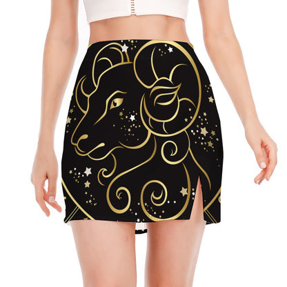 Gold And Black Aries Sign Print Side Slit Mini Skirt