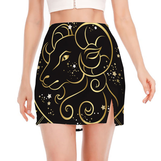 Gold And Black Aries Sign Print Side Slit Mini Skirt