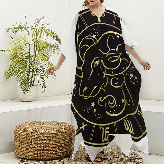 Gold And Black Aries Sign Print Silk V-Neck Kaftan Dress