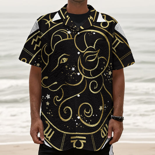 Gold And Black Aries Sign Print Textured Short Sleeve Shirt