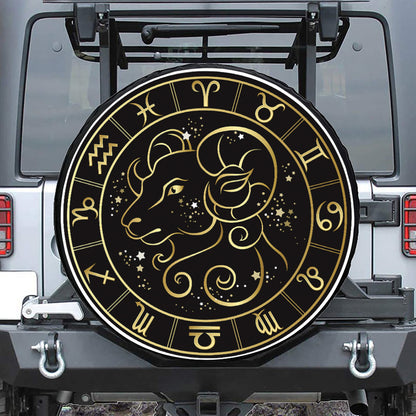 Gold And Black Aries Sign Print Tire Cover
